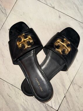 Tory Burch Black Leather Slide Sandals with Gold Logo Plaques